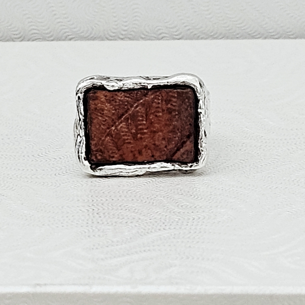 Silpada Peyote Bird Sterling Silver Brown Tooled Leather Ring Size 7.5  R1014